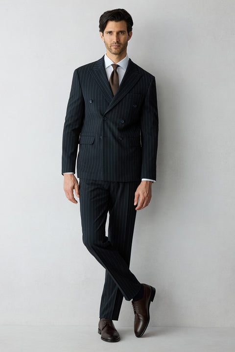 Koyu Lacivert 7 Drop Slim Fit Dar Kesim Sivri Yaka Kruvaze Beli Lastikli Çizgili Takım Elbise