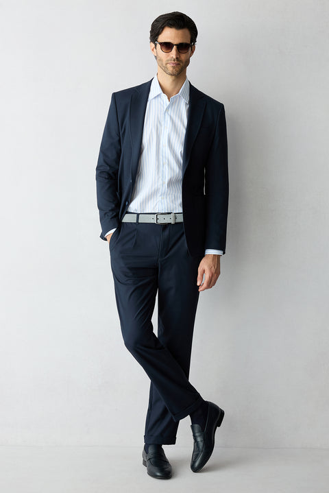 Orta Lacivert 8 Drop Long Slim Fit Uzun Dar Kesim Beli Lastikli Desenli Takım Elbise