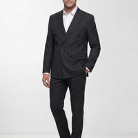Koyu Füme 7 Drop Slim Fit Dar Kesim Sivri Yaka Çizgili Kruvaze Takım Elbise