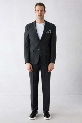 Siyah 4 Drop Relaxed Fit Rahat Kesim Mono Yaka Çizgili Takım Elbise