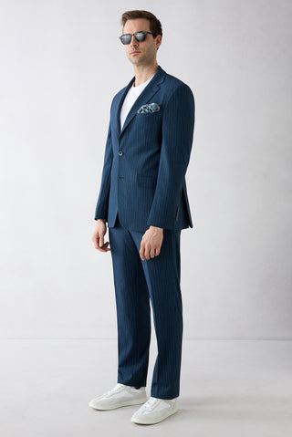 Orta Lacivert 4 Drop Relaxed Fit Rahat Kesim Mono Yaka Çizgili Takım Elbise