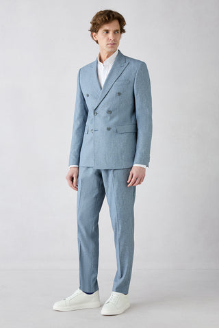 Koyu Mavi 7 Drop Super Slim Fit Eksra Dar Kesim Sivri Yaka Beli Lastikli İpli Çizgili Kruvaze Takım Elbise