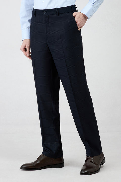 Koyu Lacivert 4 Drop Relaxed Fit Rahat Kesim Mono Yaka Ekose Beli Lastikli Likralı Takım Elbise