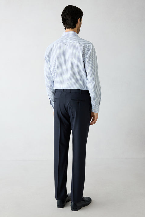 Dark Navy 7 Drop Slim Fit Narrow Cut Wool Single Breasted Elastic Waist Plaid Suit