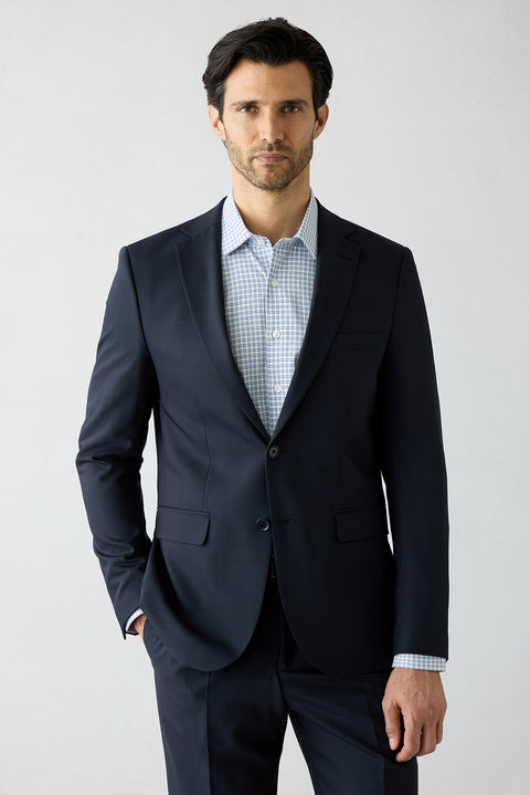 Dark Navy 7 Drop Slim Fit Narrow Cut Wool Single Breasted Elastic Waist Plaid Suit
