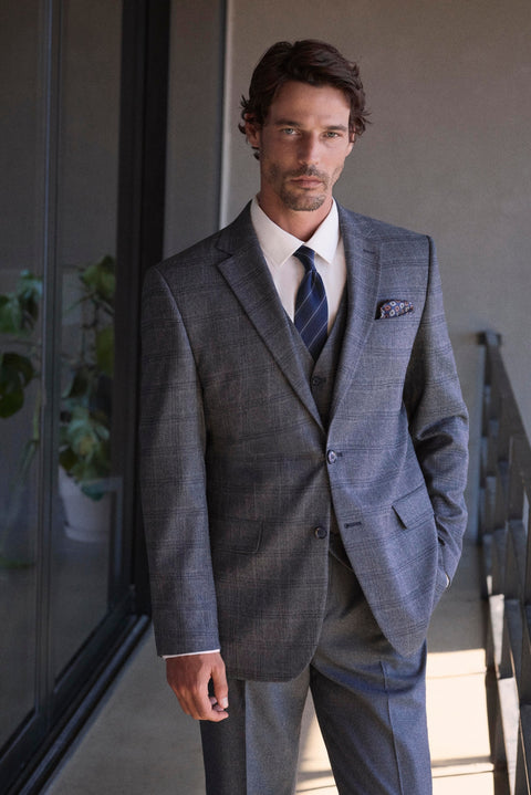 Koyu Antrasit 7 Drop Slim Fit Mono Yaka Ekose Trıple Takım Elbise