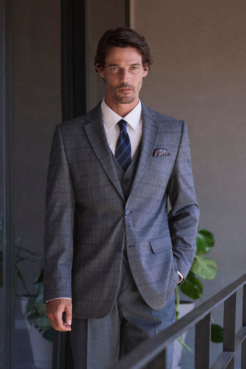 Koyu Antrasit 7 Drop Slim Fit Mono Yaka Ekose Trıple Takım Elbise