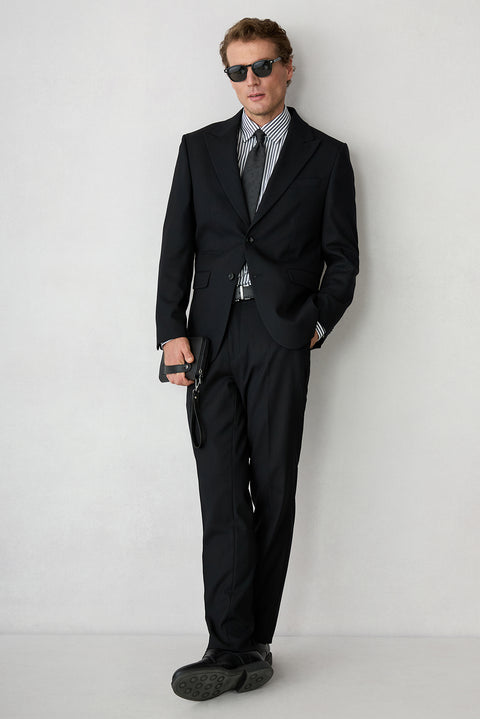 Black 4 Drop Relaxed Fit Peak Lapel Textured Elasticated Waist Wool Suit
