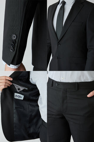 Siyah 6 Drop Regular Fit Mono Yaka Çizgili Yünlü Takım Elbise