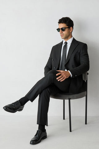Siyah 7 Drop Slim Fit Dar Kesim Yünlü Sivri Yaka Kruvaze Takım Elbise