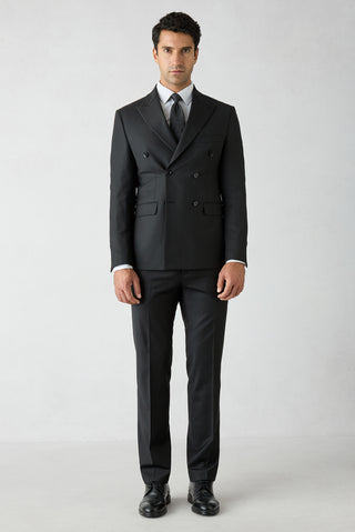 Siyah 7 Drop Slim Fit Dar Kesim Yünlü Sivri Yaka Kruvaze Takım Elbise
