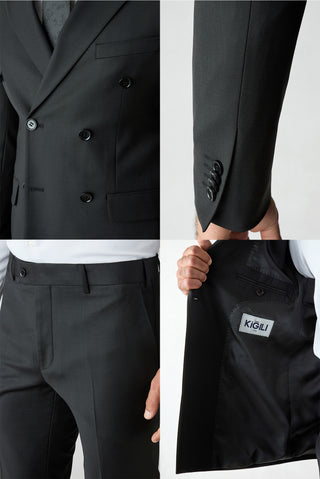Siyah 7 Drop Slim Fit Dar Kesim Yünlü Sivri Yaka Kruvaze Takım Elbise
