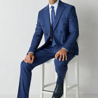 Açık Lacivert 7 Drop Slim Fit Dar Kesim Yünlü Sivri Yaka Kruvaze Takım Elbise