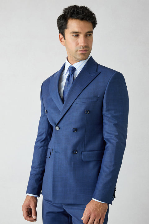 Açık Lacivert 7 Drop Slim Fit Dar Kesim Yünlü Sivri Yaka Kruvaze Takım Elbise