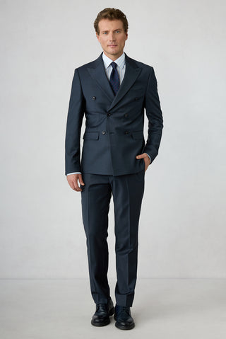 Orta Lacivert 7 Drop Slim Fit Dar Kesim Yünlü Sivri Yaka Kruvaze Takım Elbise