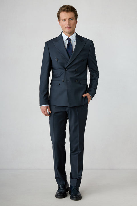Mid Navy 7 Drop Slim Fit Peak Lapel Double Breasted Plain Wool Suit