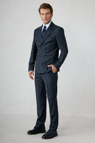 Orta Lacivert 7 Drop Slim Fit Dar Kesim Yünlü Sivri Yaka Kruvaze Takım Elbise