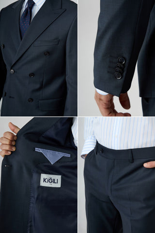 Orta Lacivert 7 Drop Slim Fit Dar Kesim Yünlü Sivri Yaka Kruvaze Takım Elbise
