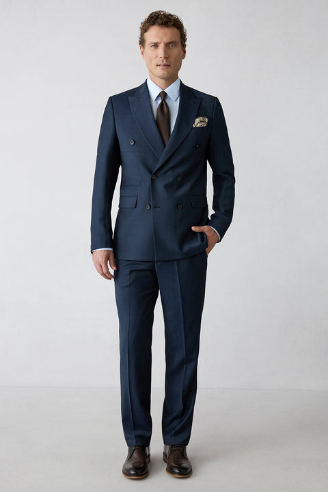 Mid Navy 6-Drop Regular Fit Peak Lapel Wool Blend Striped Double-Breasted Suit