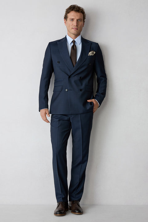 Mid Navy 6-Drop Regular Fit Peak Lapel Wool Blend Striped Double-Breasted Suit