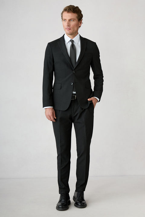 Siyah 7 Drop Süper Slim Fit Armürlü Mono Yaka Klasik Takım Elbise