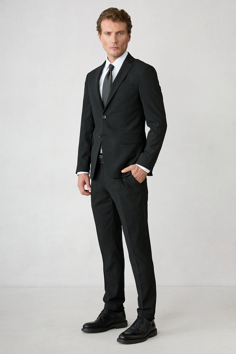 Siyah 7 Drop Super Slim Fit Eksra Dar Kesim Desenli Mono Yaka Likralı Takım Elbise