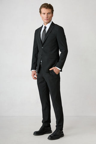 Siyah 7 Drop Süper Slim Fit Armürlü Mono Yaka Klasik Takım Elbise