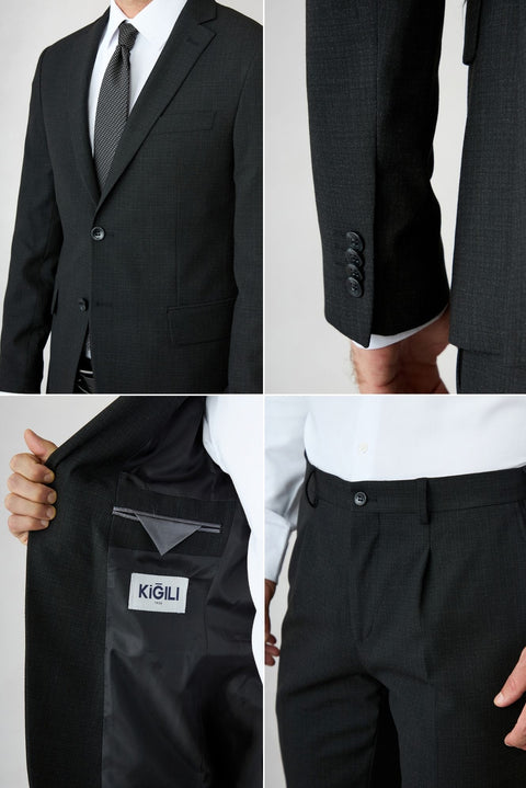 Siyah 7 Drop Super Slim Fit Eksra Dar Kesim Desenli Mono Yaka Likralı Takım Elbise