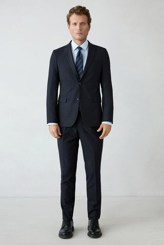 Koyu Lacivert 7 Drop Süper Slim Fit Armürlü Mono Yaka Klasik Takım Elbise
