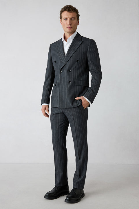 Koyu Füme 7 Drop Slim Fit Sivri Yaka Çizgili Kruvaze Kapama Takım Elbise
