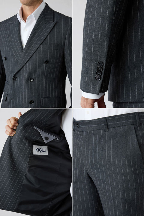 Koyu Füme 7 Drop Slim Fit Sivri Yaka Çizgili Kruvaze Kapama Takım Elbise