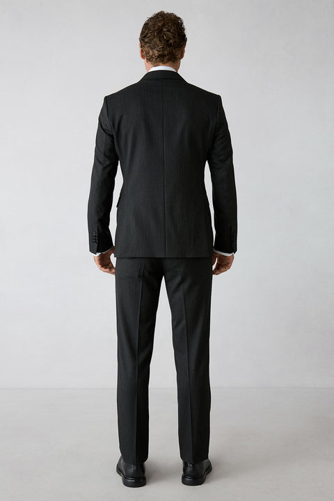 Siyah 7 Drop Slim Fit Sivri Yaka Çizgili Kruvaze Kapama Takım Elbise