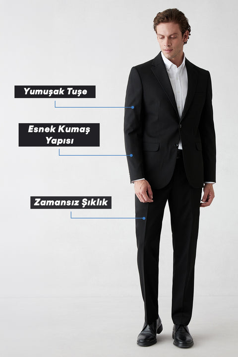 Siyah 6 Drop Regular Fit Standart Kesim Mono Yaka Likralı Düz Takım Elbise