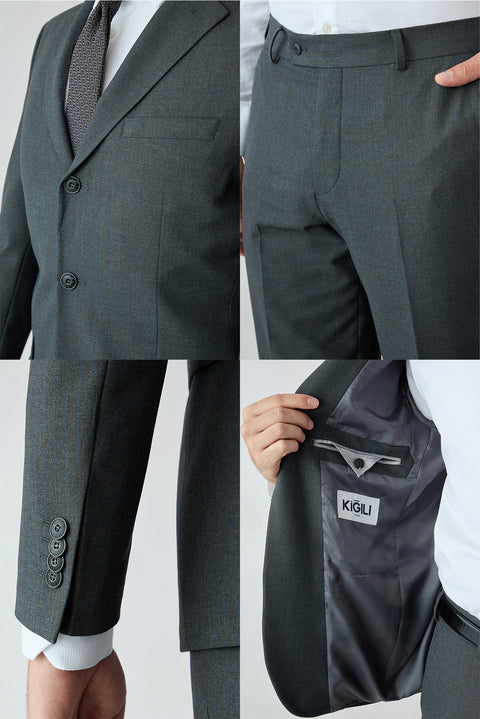 Koyu Füme 6 Drop Regular Fit Standart Kesim Çizgili Mono Yaka Likralı Takım Elbise
