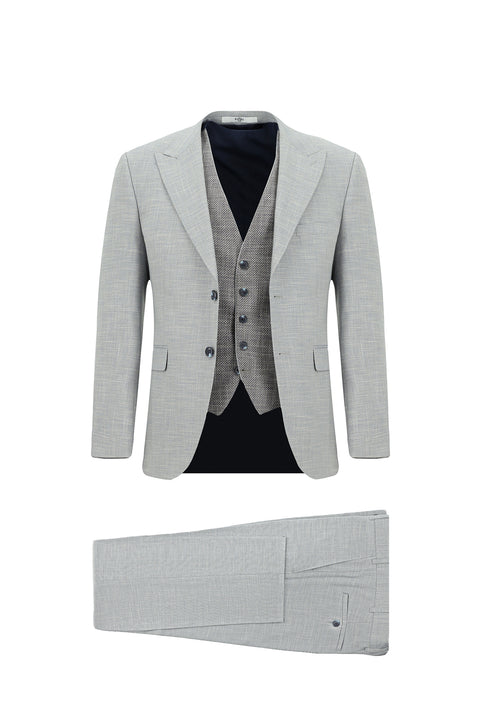 Açık Gri 7 Drop Slim Fit Dar Kesim Yelekli Kombinli Takım Elbise