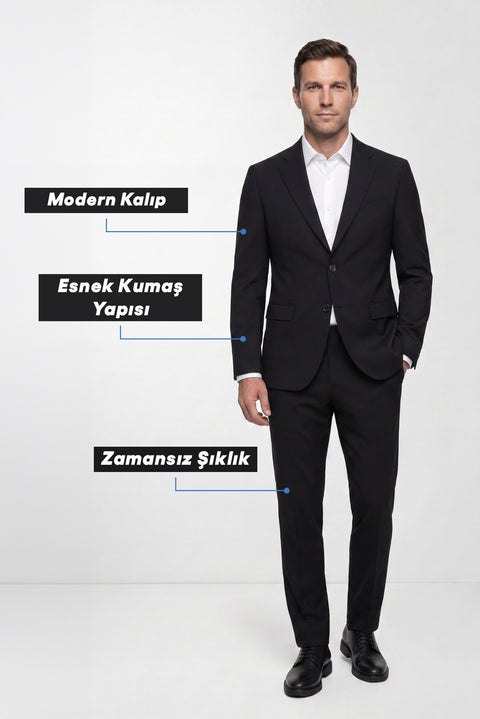 Siyah 7 Drop Super Slim Fit Ekstra Dar Kesim Mevsimlik Likralı Esnek Takım Elbise