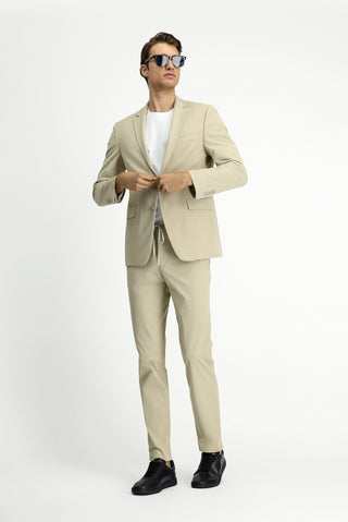 Orta Bej Techno-Line 7 Drop Super Slim Fit Eksra Dar Kesim Beli Lastikli İpli Çantalı Likralı Takım Elbise