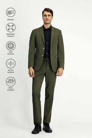 Orta Haki Techno-Line 7 Drop Super Slim Fit Eksra Dar Kesim Beli Lastikli İpli Çantalı Likralı Takım Elbise