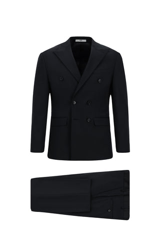 Siyah Lacivert 7 Drop Slim Fit Dar Kesim Pamuklu Lyocell Kruvaze Takım Elbise