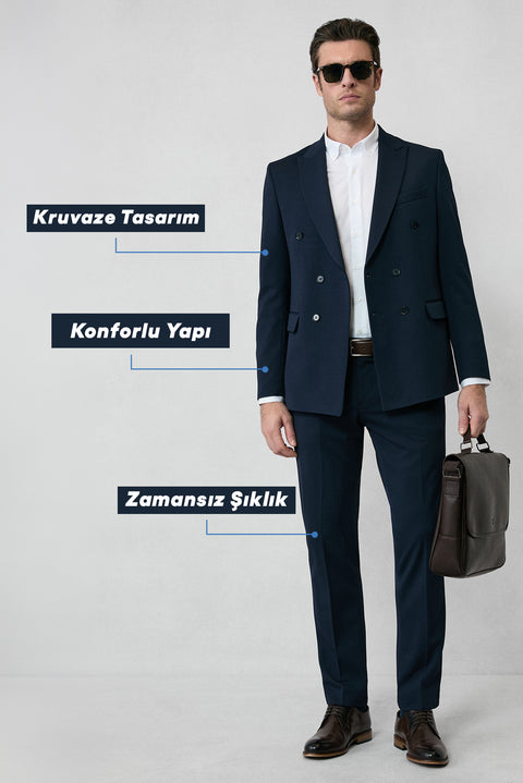 Koyu Lacivert 6 Drop Regular Fit Standart Kesim Mevsimlik Kruvaze Takım Elbise