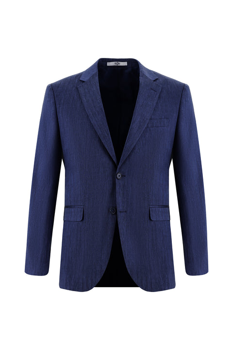 Orta Lacivert 7 Drop Slim Fit Dar Kesim Desenli Keten Karışımlı Takım Elbise