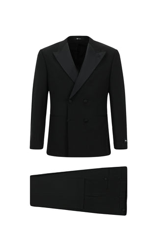 Siyah 6 Drop Regular Fit Standart Kesim Sivri Yaka Kruvaze Smokin & Damatlık