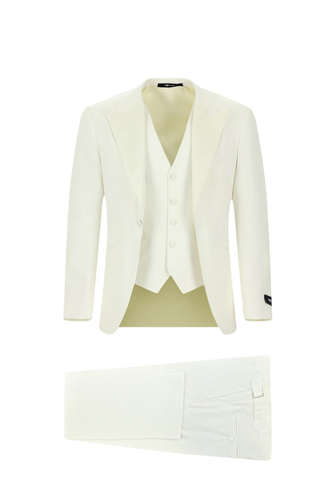 Cream 7 Drop Slim Fit Narrow Cut Pointed Collar Vest Tuxedo & Groom Suit