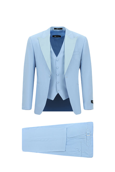 Light Blue 7 Drop Slim Fit Narrow Cut Pointed Collar Vest Tuxedo & Groom Suit