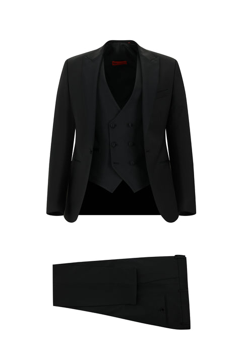 Black 7 Drop Slim Fit Narrow Cut Pointed Collar Vest Wool Tuxedo & Groom Suit