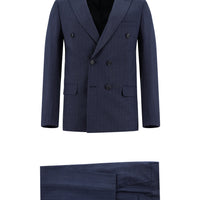 Orta Lacivert 7 Drop Super Slim Fit Eksra Dar Kesim Kruvaze Çizgili Takım Elbise