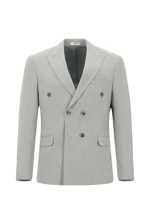Açık Gri 7 Drop Slim Fit Dar Kesim Çizgili Kruvaze Takım Elbise
