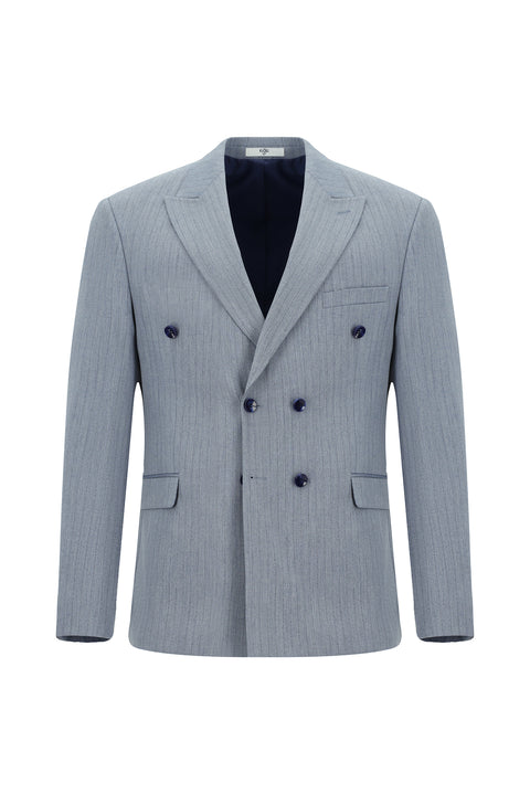 Açık Mavi 7 Drop Slim Fit Dar Kesim Çizgili Kruvaze Takım Elbise
