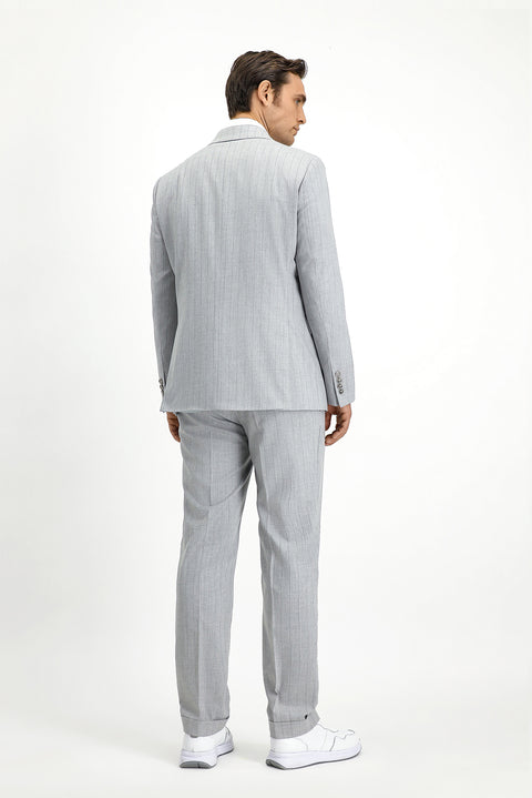 Light Grey 7 Drop Slim Fit Narrow Cut Striped Italian Double-Breasted Suit