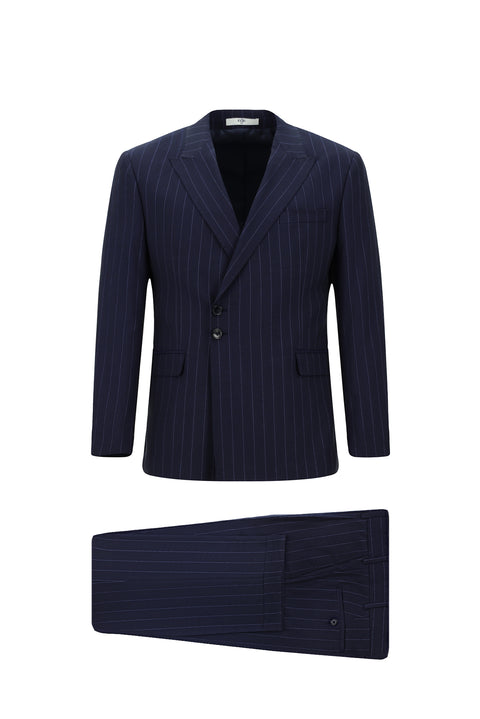 Koyu Lacivert 7 Drop Slim Fit Dar Kesim Çizgili İtalyan Kesim Kruvaze Takım Elbise